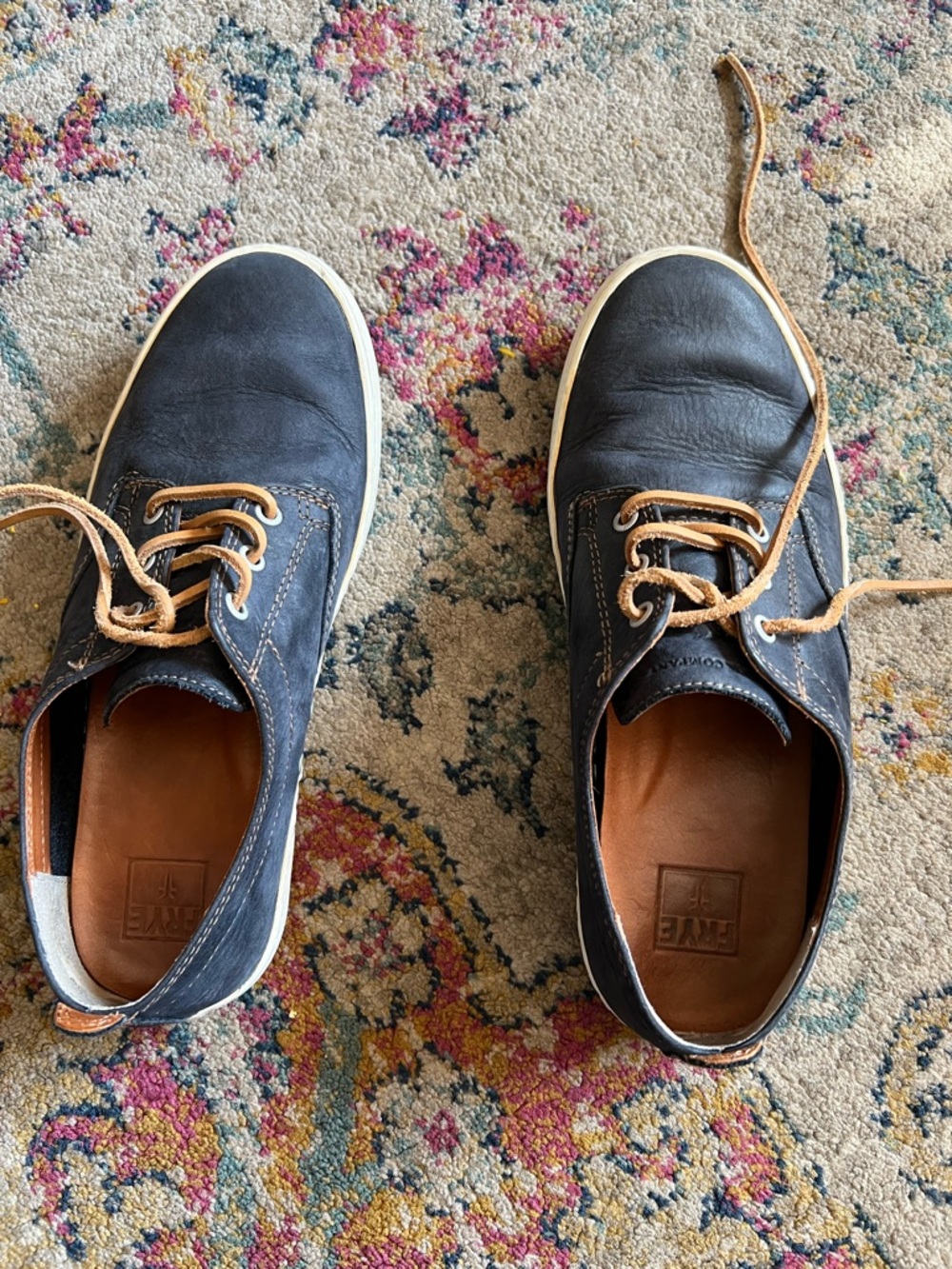 Frye- Men's Casual Navy Leather Lace-Up Sneakers with Tan Laces